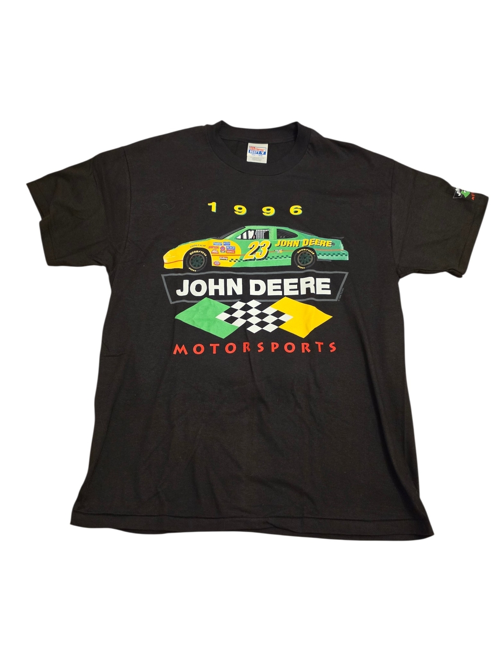 John Deere Black Tee with Green & Yellow Motorsports Car Graphic